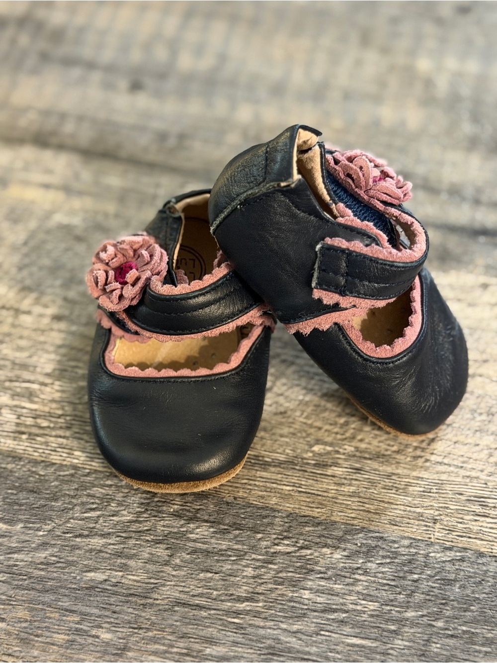 Livie & Luca Black Mary Jane Baby Shoes with Pink Trim and Flower